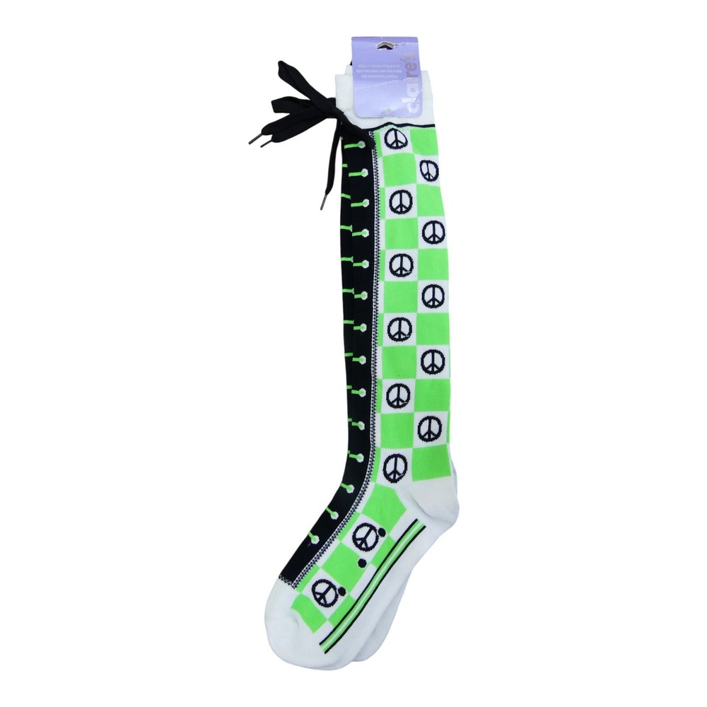Claire's Knee High Socks Womens 9-11 Green NWT Peace Sign Checkered Lace Up